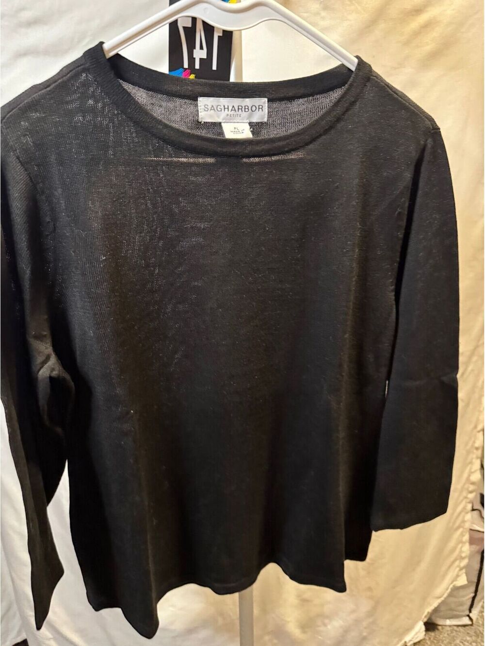 147 Sag Harbor Petite Black Long Sleeve Lightweight Knit Top Size PL